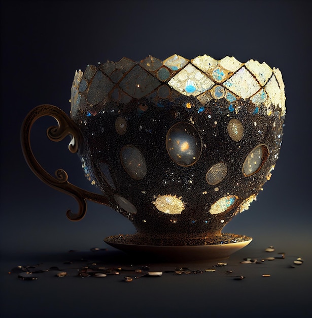 A cup with a pattern of beads and a gold rim.