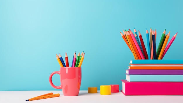 Cup with school stationery and notebooks