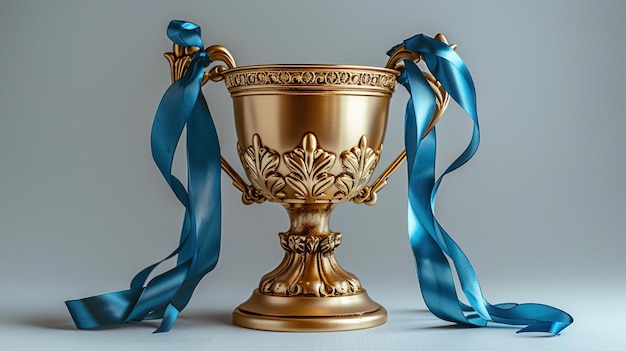 Чаша с блестящей золотой поверхностью, украшенная синими лентами, символизирует победу и превосходство.
