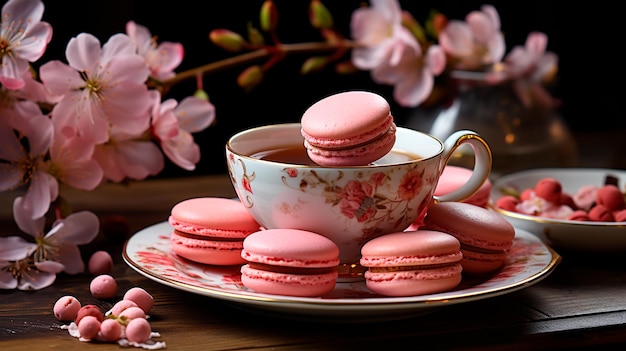 cup with tasty macarons