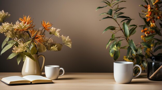 Photo cup with tea and flowers on wooden table space for text