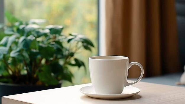 The cup on the wooden table in the living room