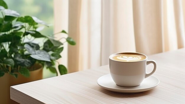 Photo the cup on the wooden table in the living room