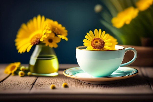 A cup of yellow flowers sits next to a cup of tea.