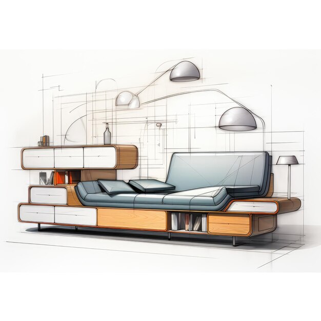 Cupboard bed retro futuristic furniture sketch illustration hand drawing reference designer idea