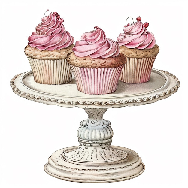 Photo a cupcake on a cake stand with pink frosting generative ai