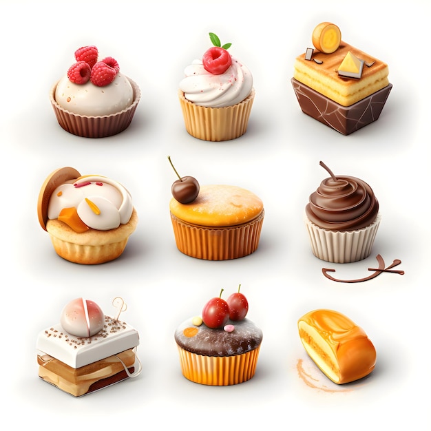 Cupcake collection isolated on white background 3d illustration