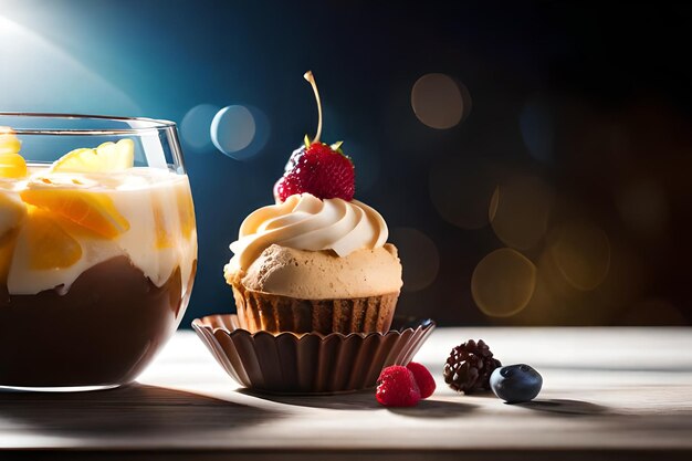 A cupcake and a cup of coffee sit on a table with a glass of milk.