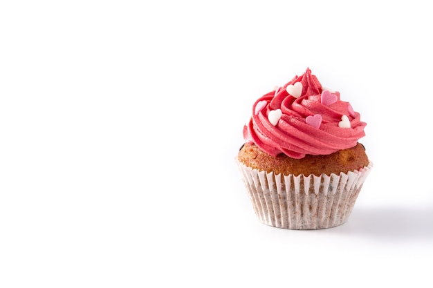 Photo cupcake decorated with sugar hearts isolated