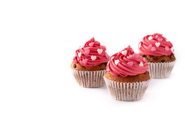 Cupcake decorated with sugar hearts for Valentine's Day isolated on white background