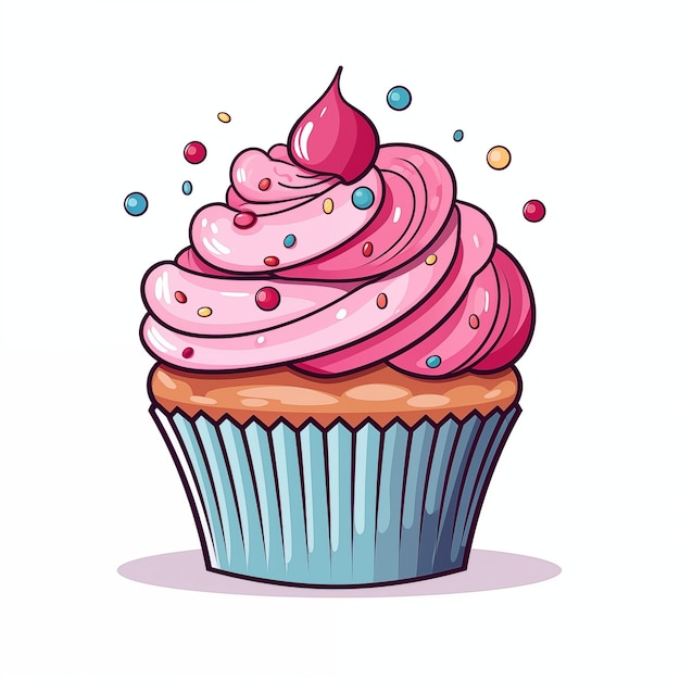 写真 ピンクと青の色で平らなスタイルのカップケーキイラスト マフィンデザートケーキ食品