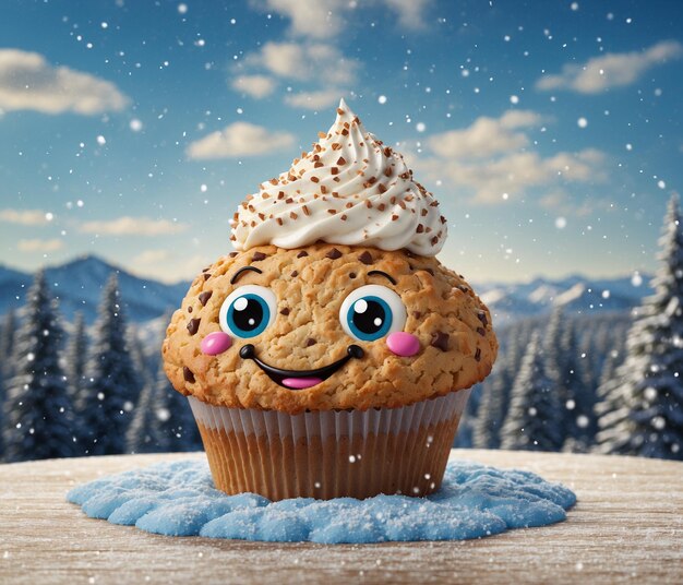 Foto personaggio di cartone animato della mascotte del cupcake con un cupcake e una faccia felice su di esso