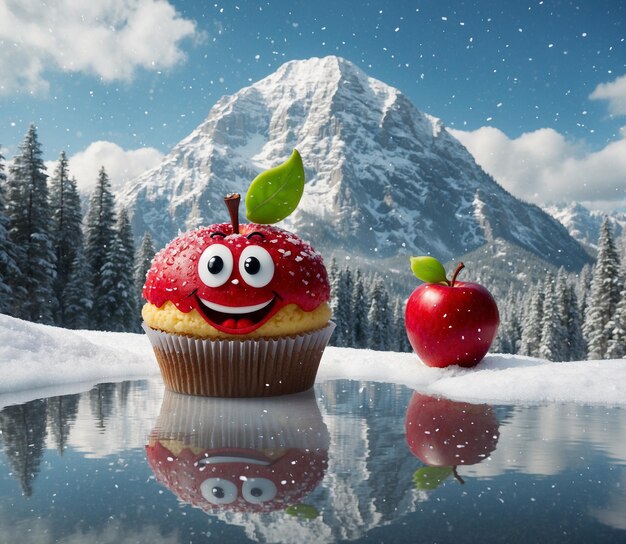 Foto un personaggio di cartone animato della mascotte di cupcake con una faccia e una mela rossa in cima