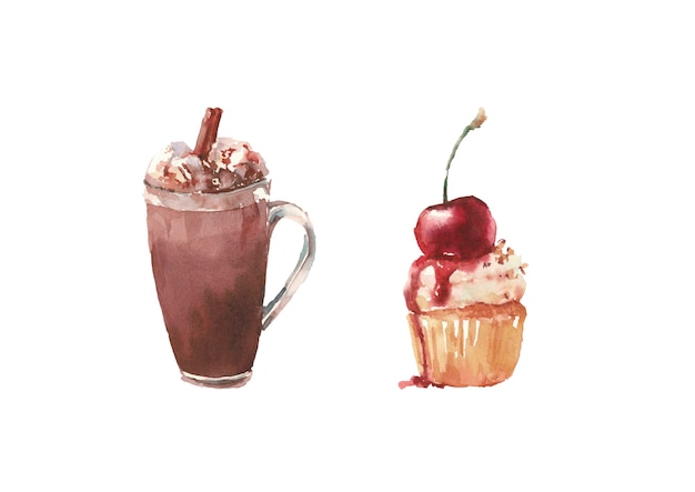 Cupcake met crème aardbei en kopje cacao dessert kleurrijke aquarel illustratie