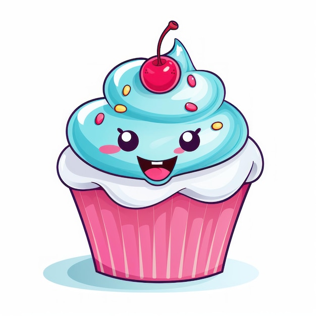 Cupcake met een grote glimlach en kleurrijke cartoonstijl AI gegenereerd