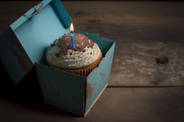 Cupcake met een kaars voor een verjaardag en een geschenkdoos