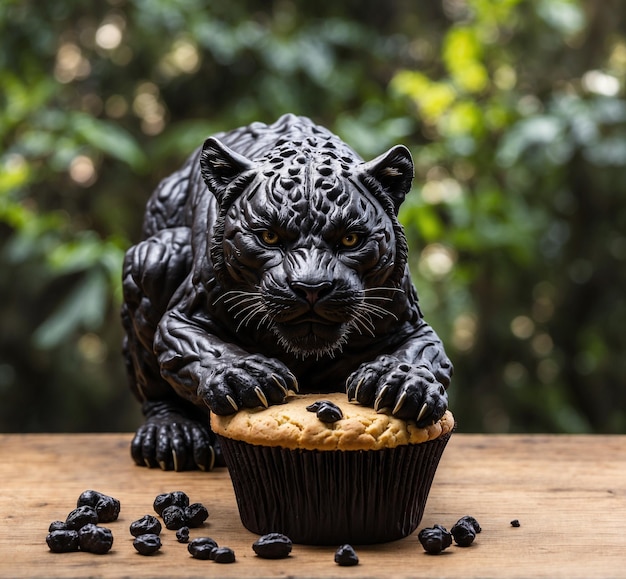 Cupcake met een zwart tijgerbeeld op een houten tafel en een wazige achtergrond