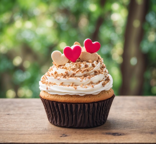 Cupcake met hart bovenop op een houten tafel in de tuin