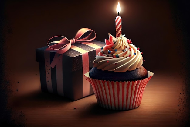 Cupcake met kaars en huidige doos vieringsthema Generatieve Ai