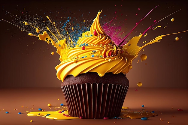 Cupcake met kleurrijke spatten en druppels geïsoleerd op bruine achtergrond