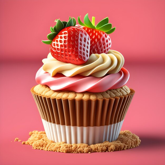 Cupcake met room en aardbeien op een roze achtergrond 3D-weergave