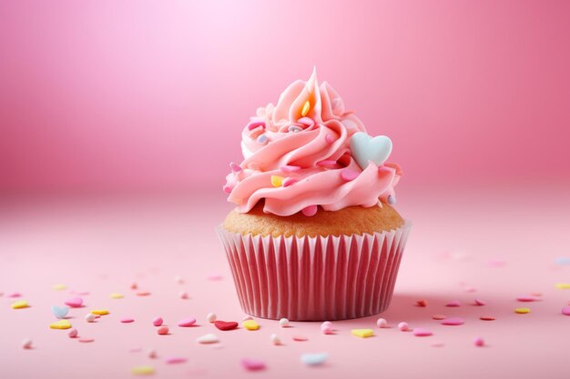 Cupcake met roze glazuur en hartdecoratie op roze achtergrond Briefkaart wenskaart voor Valentijnsdag