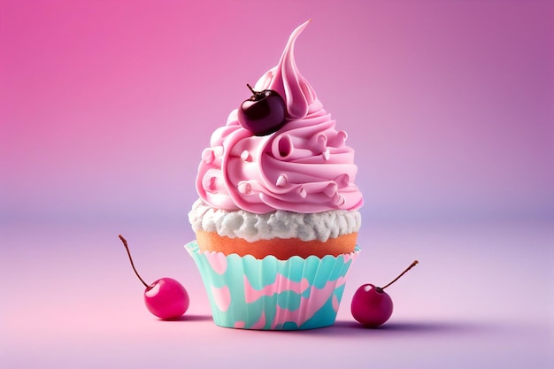 Cupcake met roze room op een roze achtergrond 3D-rendering generatieve ai