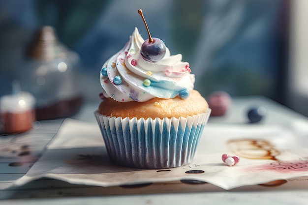 Cupcake met slagroom op een blauwe achtergrond Generatieve AI