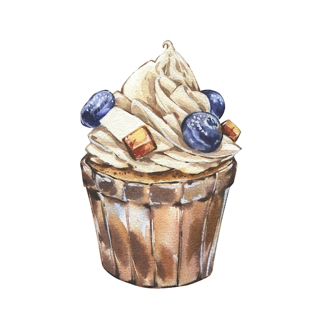 Foto cupcake met vanille crème en bosbessen geïsoleerd op witte achtergrond waterverf met de hand tekenen illustrat