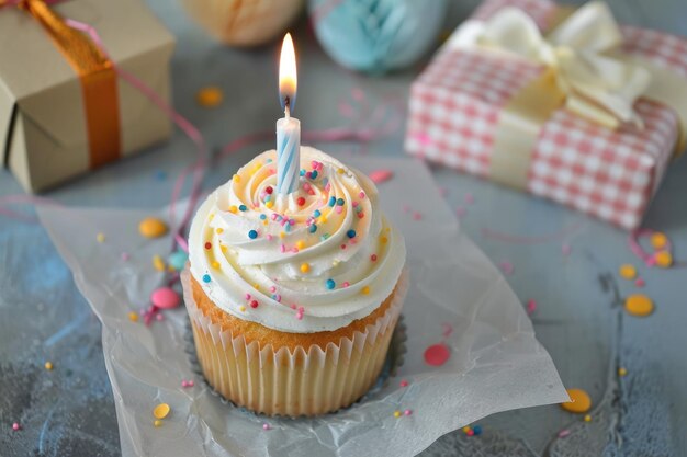 Cupcake met verjaardags kaars en geschenkdoos