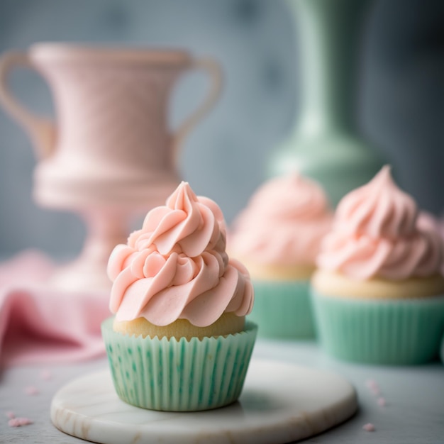 ウッドの背景イラスト画像にピンクのクリームとカップケーキ マフィン