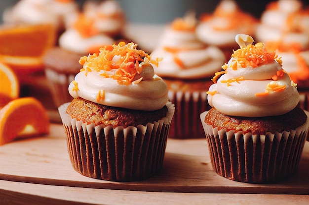 Cupcake muffins with cream and decoration Carrot cake on table