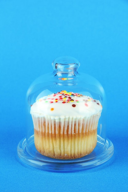 Cupcake op een schotel met een glazen deksel op een gekleurde achtergrond