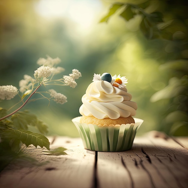 Cupcake op Houten Tafel Zomer Gebladerte Achtergrond Generatieve AI