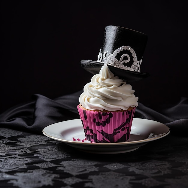 Foto cupcake accanto a un cappello di carta