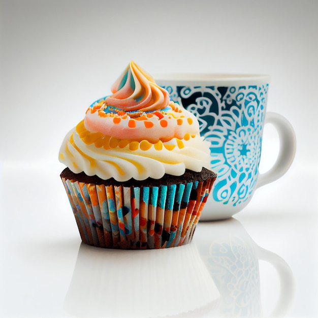 Cupcake sitting next to a cup of coffee generative ai