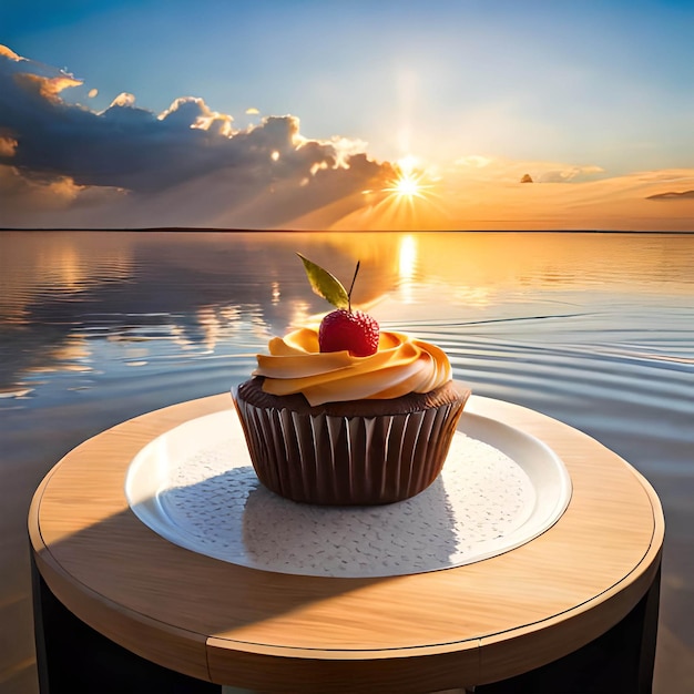 Foto un cupcake su un tavolo con un tramonto sullo sfondo