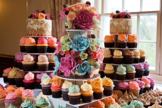 Cupcake tower stacked with layers of different flavors and designs created with generative ai