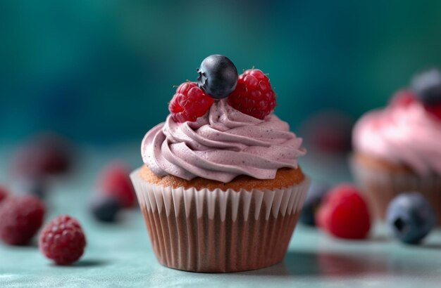 Photo cupcake with berries topped with blue background