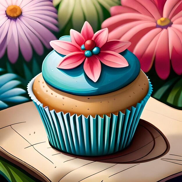 A cupcake with a blue cupcake on top of it