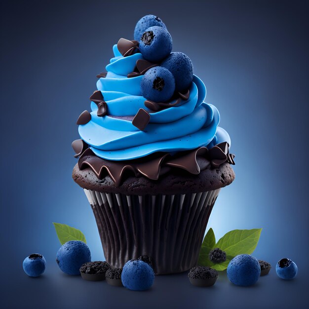 A cupcake with blue frosting and a blue frosting on top.