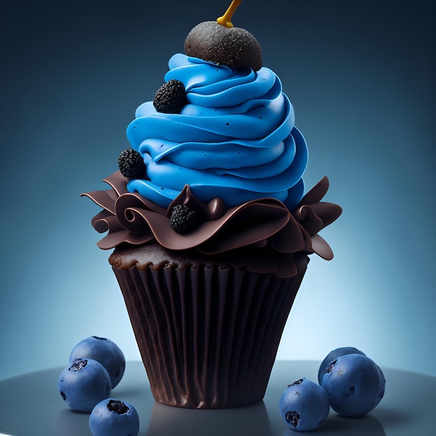 A cupcake with blue frosting and a blueberry topping.