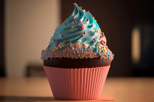 A cupcake with blue frosting and a pink frosting Created Using Generative AI