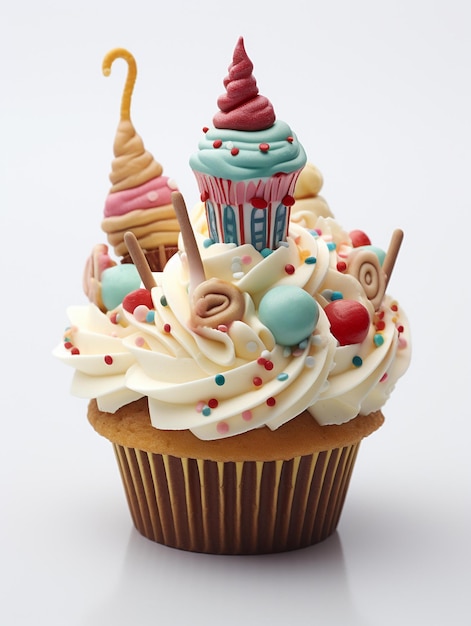 A cupcake with a blue and pink theme on it