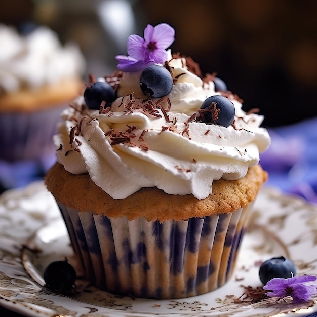 A cupcake with blueberries on a plate