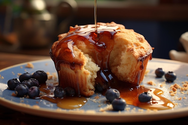 Cupcake with blueberry close up pourring syrup on top