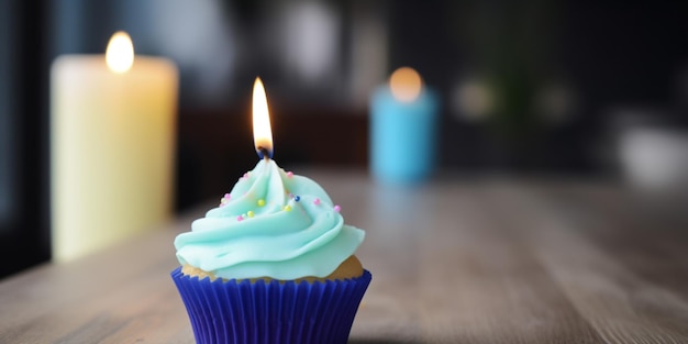 A cupcake with a candle in the background