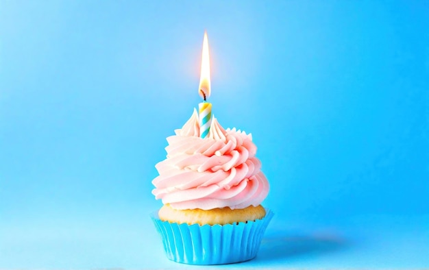 Cupcake with candle and cream on a blue background