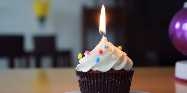 A cupcake with a candle on it