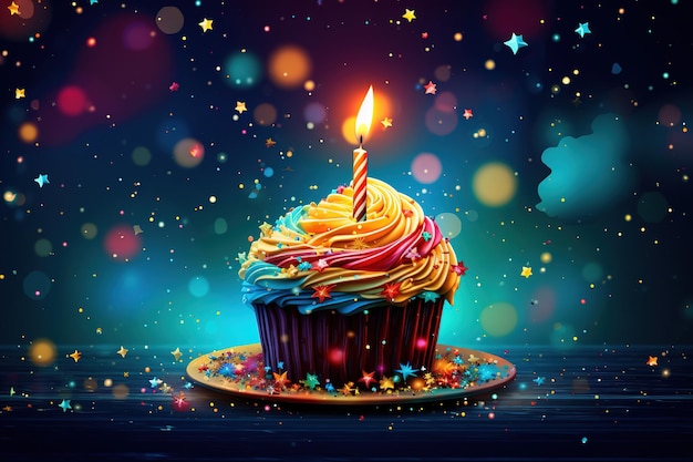 「誕生日」と書かれたキャンドルが付いたカップケーキ